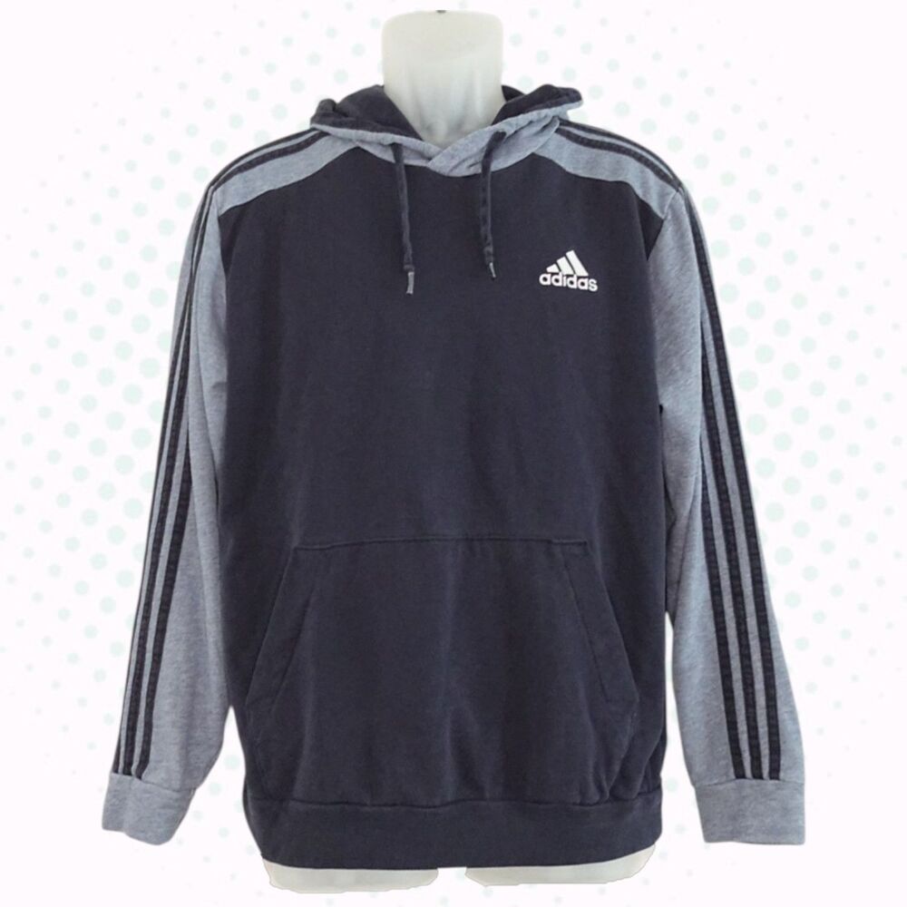 Adidas Two Tone Light Blue & Navy Striped Sleeve Pullover Hoodie Size L